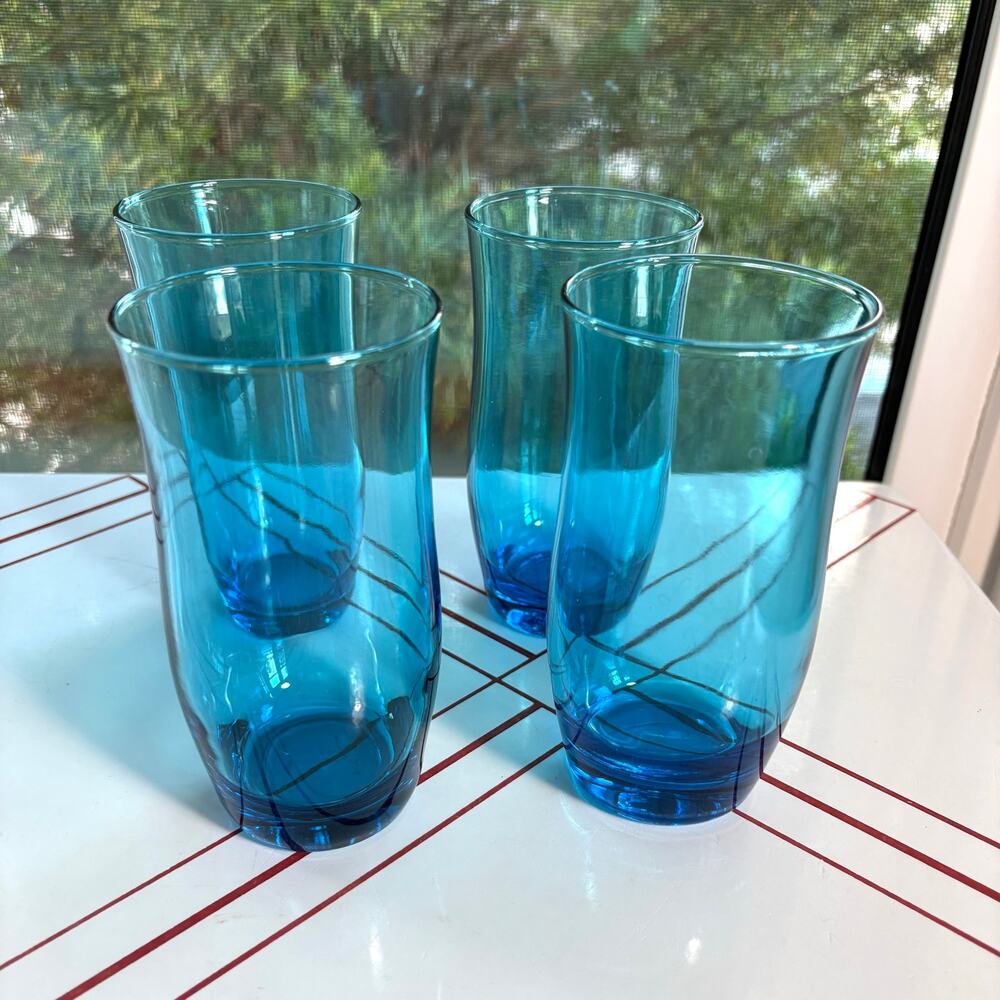 Vintage Anchor Hocking Flair Lazer Blue Tumblers Set of 4 MCM Glasses